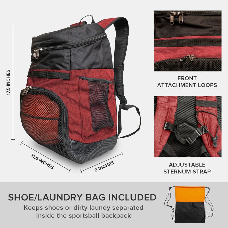 Xelfly Basketball Backpack with Ball Compartment â€“ Sports Equipment Bag for Soccer Ball, Volleyball, Gym, Outdoor, Travel, Team â€“ 2 Bottle Pockets, Includes Laundry or Shoe Bag â€“ 25L (Red) - Image 5